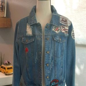 Womens Los Angeles Angel Kiss 1XL denim jacket with patches. Like new.
